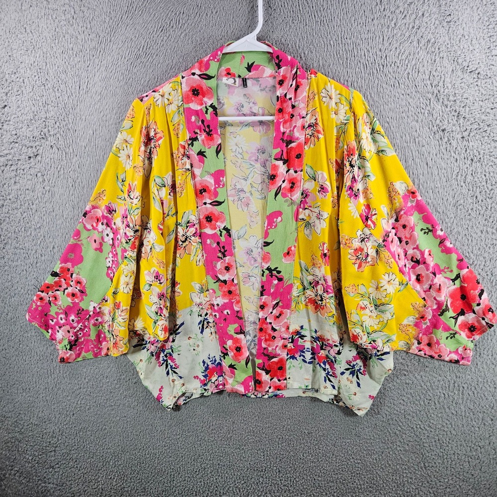 Akemi + Kin Floral Kimono Wrap Yellow Pink Open Front Dolman Sleeve OS